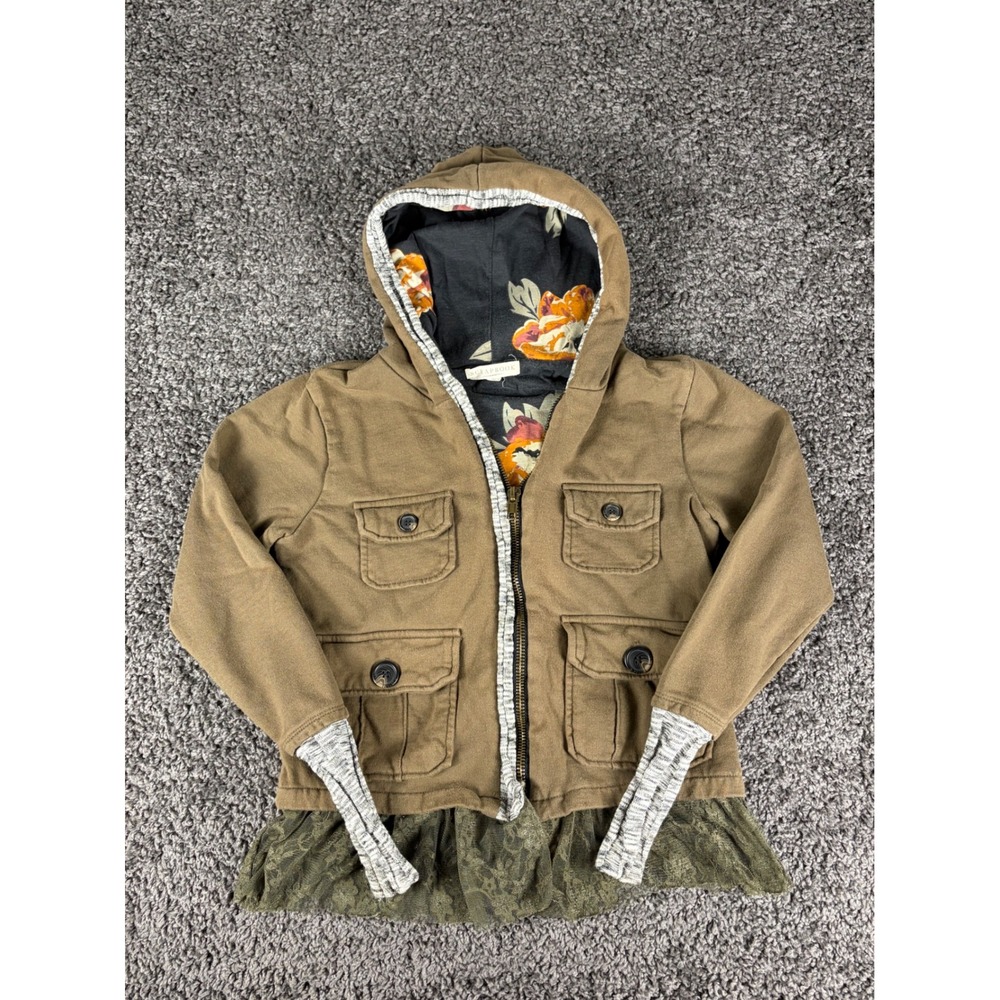 Scrapbook Women Brown Floral Lined Lace Trim Zip Up Hoodie Jacket Y2K Small